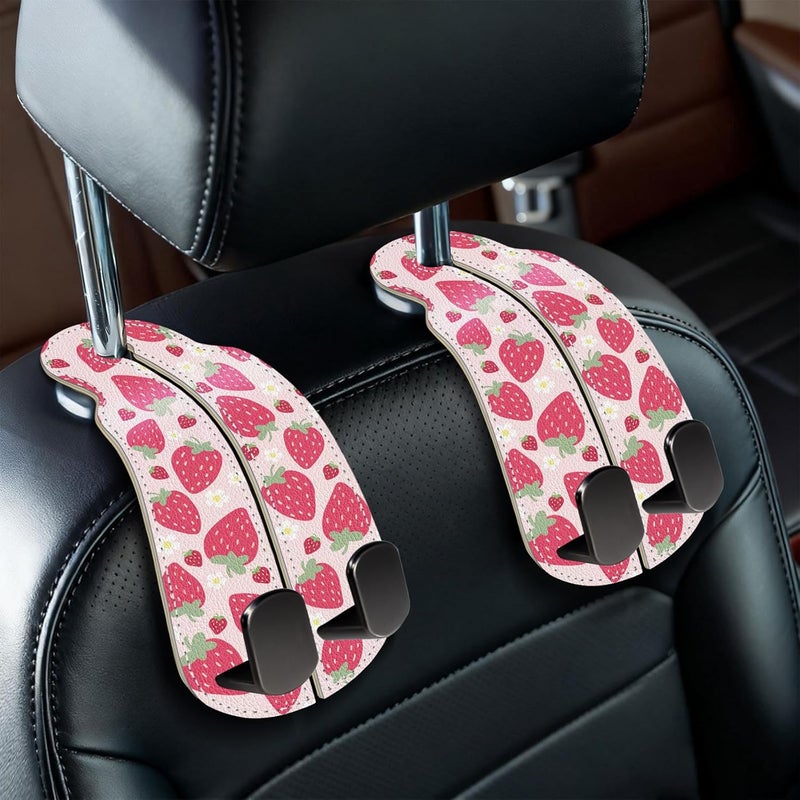 Blusabaca 2PCS Car Seat Back Storage Headrest Hooks, Cute Strawberry Purse Holder Bags Hanger, PU Leather Double Metal Hook for Backseat Organizer, Women Car Accessories Organization - Image 1